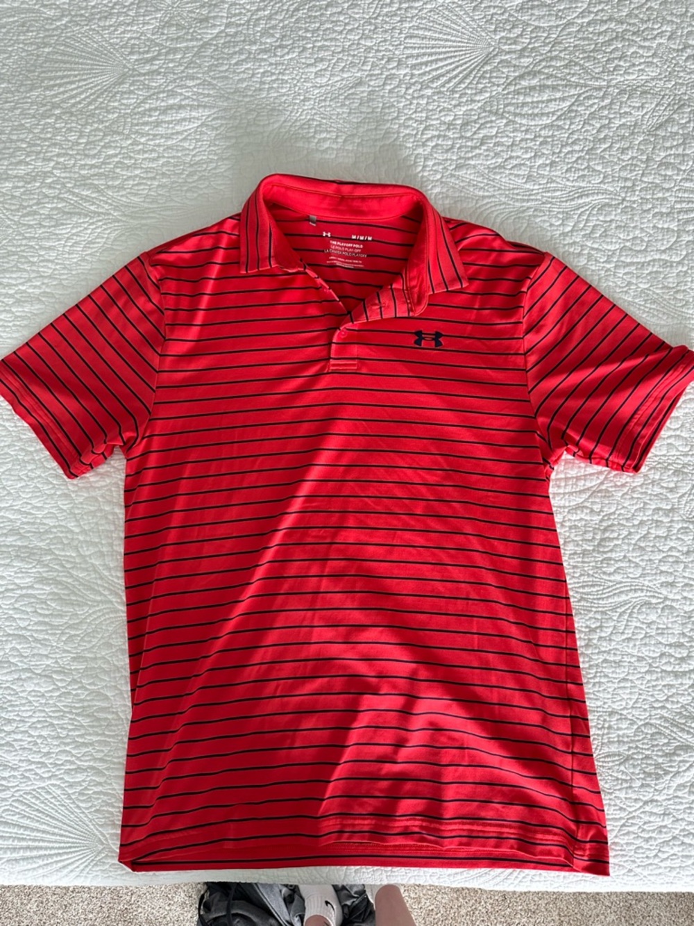 Under Armour Red Polo with Thin Black Stripes